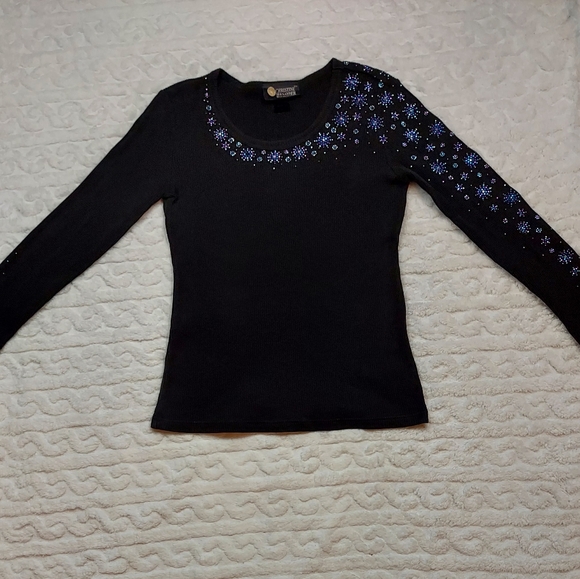 Christine Alexander Black Long Sleeve Rhinestone Detail Top Size L - Picture 9 of 11